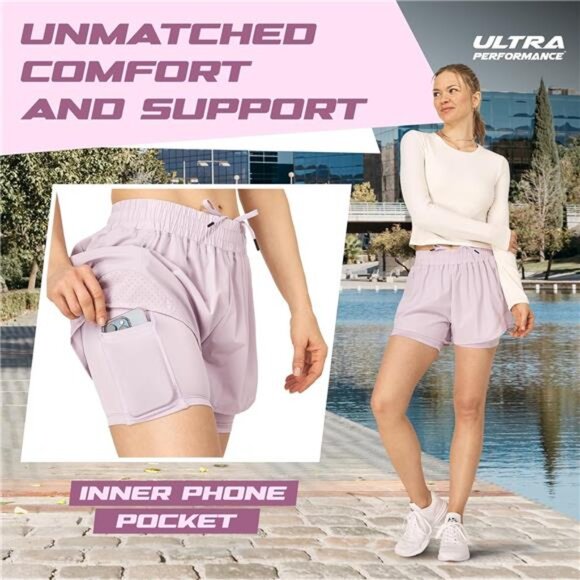 Ultra Performance Gym Shorts Women Pack of 2, Nylon Compression Workout Shorts - Picture 3 of 7